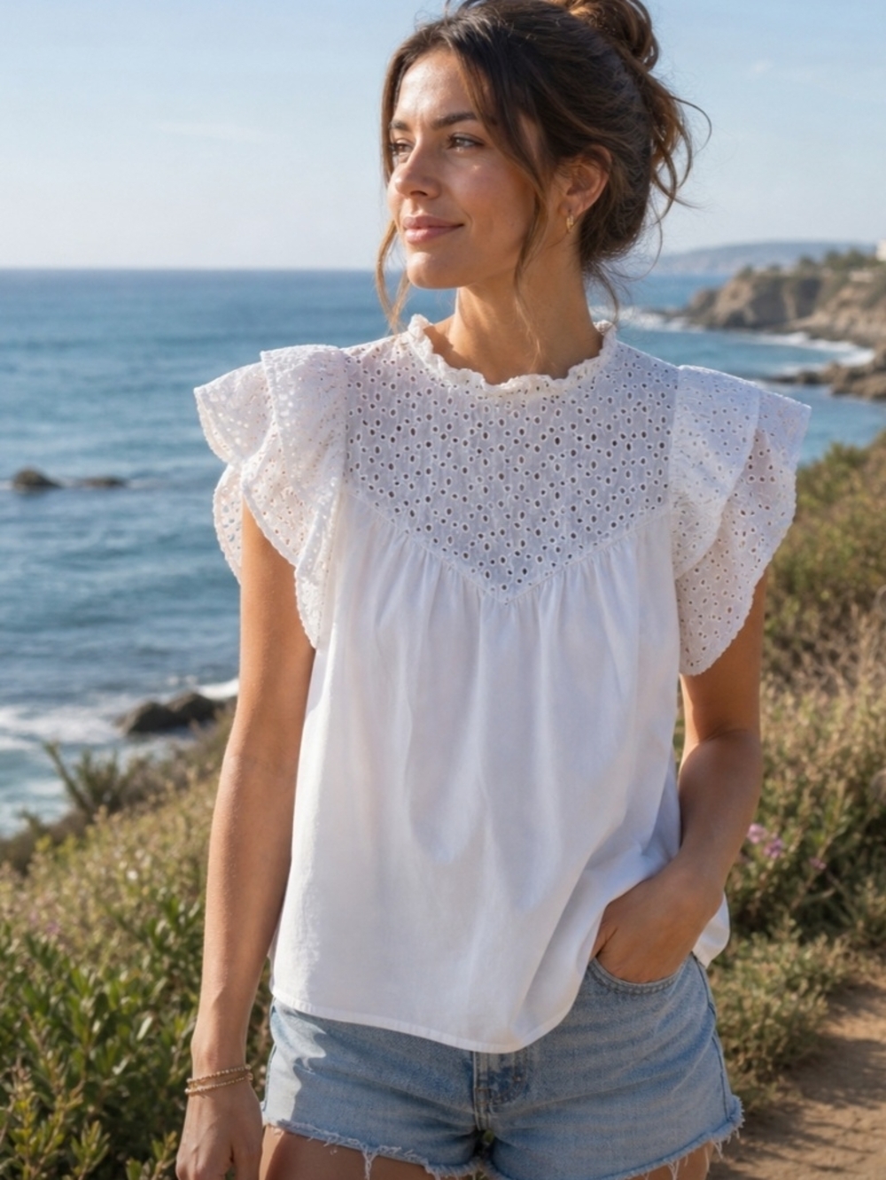 A New Day White Eyelet Ruffle Sleeve Boho Cottagecore Coastal Cotton Top Small